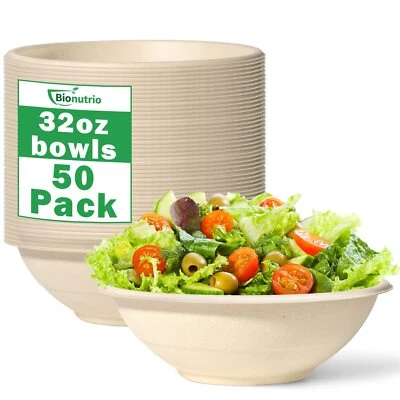 BIONUTRIO 32oz Large Paper Bowls Disposable 50 Pack Heavy Duty Bowls For Hot Soup Biodegra