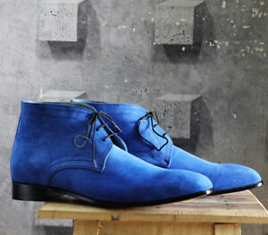 Handmade Men’s Blue Half Ankle Suede Lace Up Boots, Men Suede Chukka Boots