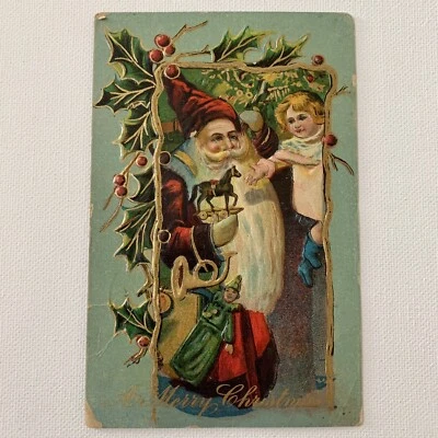 Antique Postcard Embossed Christmas Santa Very Long Beard Giving Horse To Girl - Image 1 of 4