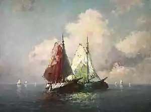 H. Kaluza *1912 Öl-Gemälde Ölbild Impressionismus Seestück Boote Meer - Bild 1 von 1