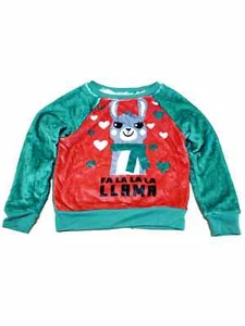 Girls Red Holiday Christmas Llama Heart Plush Fuzzy Sweatshirt Sweat Shirt - Picture 1 of 1