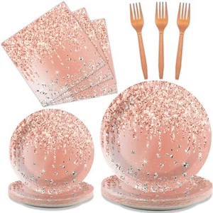 96pcs Birthday Tableware Set Pink Rose Gold Dinnerware Disposable Dessert Plates - Picture 1 of 7