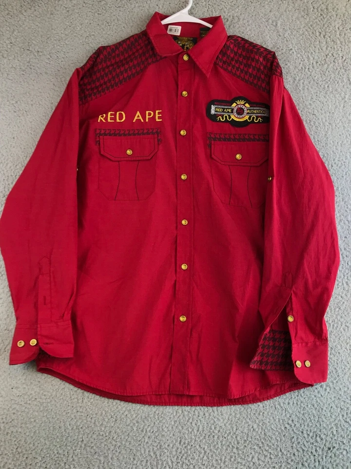 Red Ape Shirt Men's Medium Red Long Sleeve Button Down Pockets Embroidered Logo - Image 1 of 4