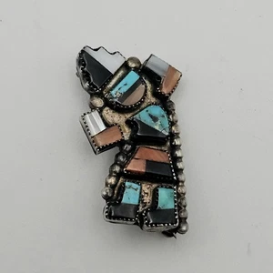 Vtg Zuni Sterling Silver Inlay Kachina Dancer Pin – Turquoise, Coral, Onyx & MOP - Picture 1 of 10
