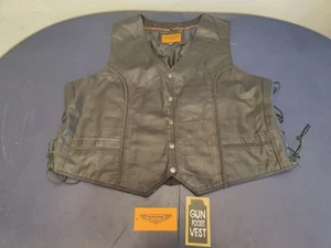 Black Leather Motorcycle Vest - Side Laced, Concealed Carry Pocket - Men's 6XL - Picture 1 of 13