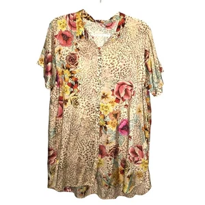Túnica de seda Johnny Was Hera Calia botón frontal estampado floral animal cuello L NUEVA - Imagen 1 de 9