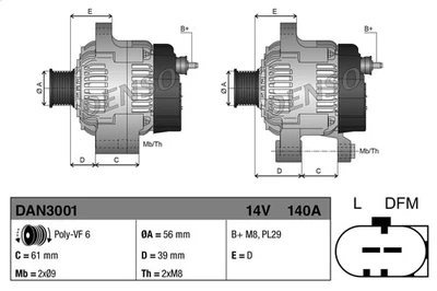 Drehstromgenerator DENSO DAN3001 für AUDI A3 (8P1) 2 2004-2012 - Imagem 1 de 4