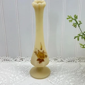 Fenton Glass Hand Painted Custard Satin Pedestal Swung Bud Vase Artist Signed - Picture 1 of 10
