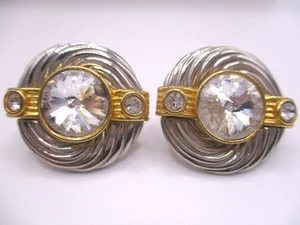 big crystal glass swirl art deco style two-tone silver gold clip on earrings E35 - Picture 1 of 7