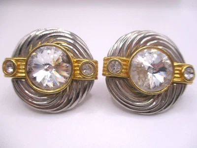 big crystal glass swirl art deco style two-tone silver gold clip on earrings E35 - image 1 of 4