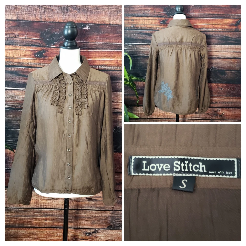 Love Stitch Size Small Ruffle Blouse Embroidered Brown Nylon Puff Sleeve NEW  - Image 1 of 4