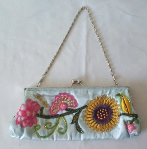 Beautiful ladies light-blue embroidered/beaded satin clutch bag - Picture 1 of 3
