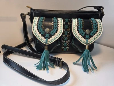 Montana West Crossbody Purse Black/Turquoise/Tassels/Pockets - Image 1 of 4