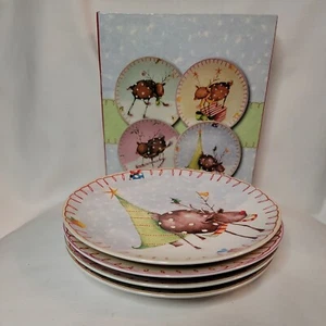 Oneida Reindeer Holiday Lot of 4 Plates 8 1/4 inches  Salad Dessert 4 Patterns - Picture 1 of 6
