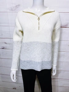 Talbots Petite Womens 1/2 Zip Ribbed Sweater Size MP Ivory & Gray Long Sleeve - Picture 1 of 11