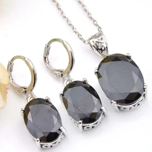 Oval Natural Black Onyx Zirconia Silver Earrings Pendant Necklace Jewerly Sets - Picture 1 of 8