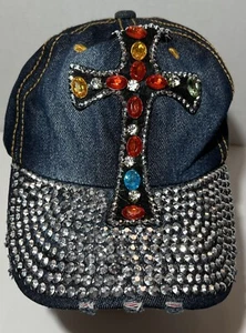 Blue Jean Demin hat BLING CROSS with adjustable strap 100% cotton cap bedazzled - Bild 1 von 10