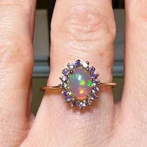 925 Sterling Silver 18k Yellow Gold Plated Natural Opal Oval Cut Engagement Ring - Picture 1 of 7