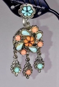 Tibetan Silver Ceremonial Earrings– Coral & Turquoise Inlays, Screw-Back, 2” - Picture 1 of 18
