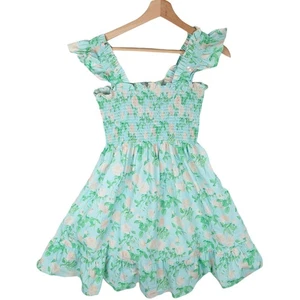 Hill House The Elizabeth Nap Dress Size Small Blue Roses Poplin Smocked Ruffle - Picture 1 of 4