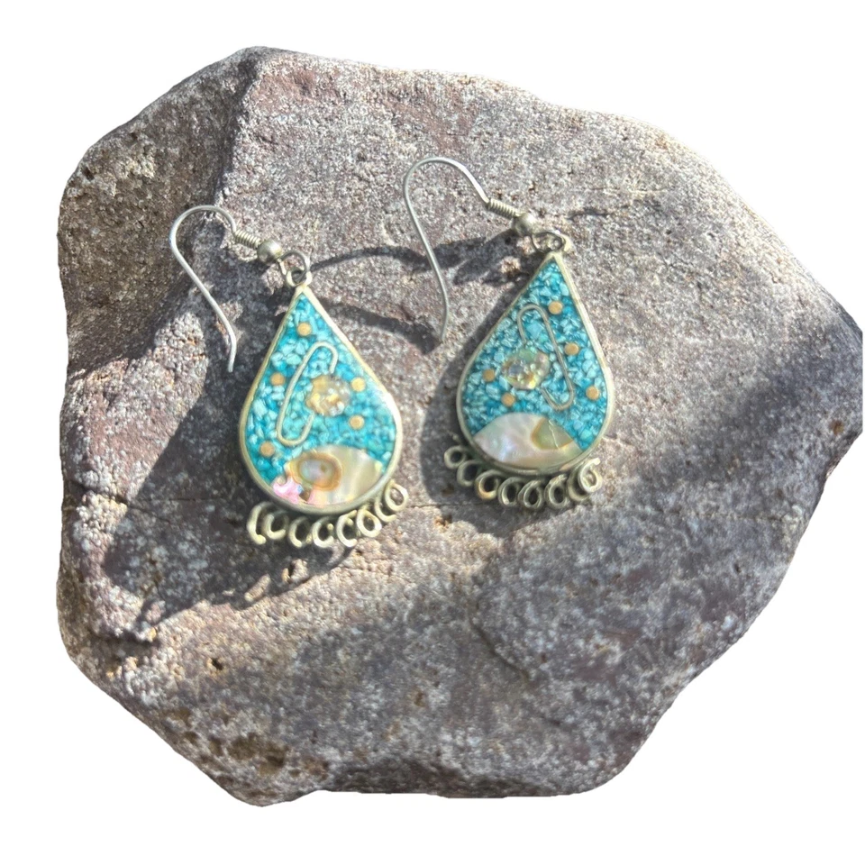 纯银绿松石镶嵌珍珠母银河金色耳环 — 第 1/4 张图片