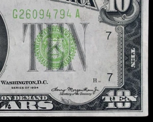 $10 1934 FRN light vivid yellow-green G26094794A ten$ Chicago, NEW HIGH SERIAL # - Picture 1 of 3