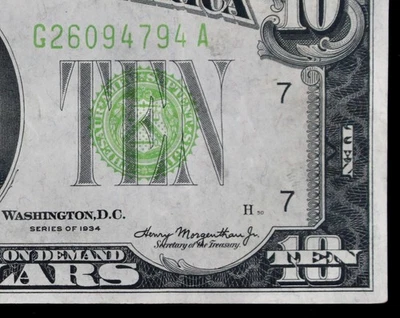 $10 1934 FRN light vivid yellow-green G26094794A ten$ Chicago, NEW HIGH SERIAL # - Image 1 of 3