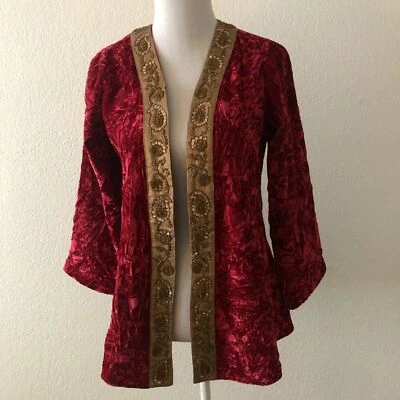 Chaqueta Soft Surroundings roja de terciopelo aplastado floral dorada con lentejuelas para mujer talla XS Foto 1 de 4