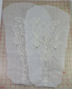2 beaded sleeve appliques pair montees fringe pearl beads on white mesh 21 x 12" - Picture 1 of 6