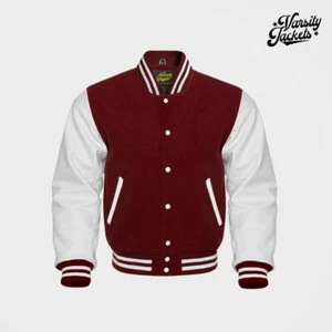 Cuerpo de lana granate mangas blancas chaqueta universitaria premium Letterman béisbol universidad - Imagen 1 de 5