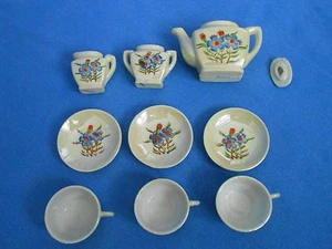 Vtg Hand-Painted JAPANESE Miniature Tea Set Lotus Red Blue Flowers 3 Settings - Picture 1 of 10