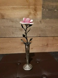 Ceramic Pink and Metal Rose Sculpture Small 10 inches with Metal Vase Base - Picture 1 of 9