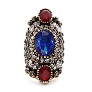 Anello Vintage Unico HiQ Cristallo Antico Boho Grande Oro Colore Blu e Rosso Misura 8/Q - Foto 1 di 8