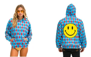 Aviator Nation Diamond Repeat Smiley Relaxed Pullover Hoodie Sky Harlequin Sz XS - Picture 1 of 8