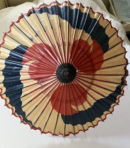 RARE 1933 WORLDS FAIR Rice Paper UMBRELLA Painted "1933 CHICAGO" on WOOD Handle - Picture 1 of 19