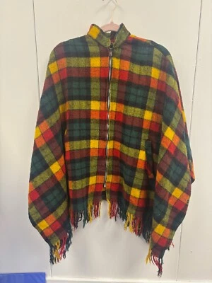 Vintage 60s Langrty Sportswear RAINBOW Plaid Wool Fringe Poncho Cape OSFA Shawl - Image 1 of 4