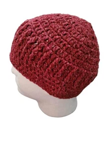 Hand Crocheted Burgundy 100% Wool Beanie Hat 8" Long Warm - Picture 1 of 3