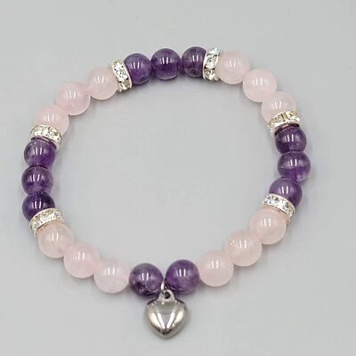 粉红色石英和紫水晶珠手链弹性水钻间隔心形饰品 — 第 1/4 张图片