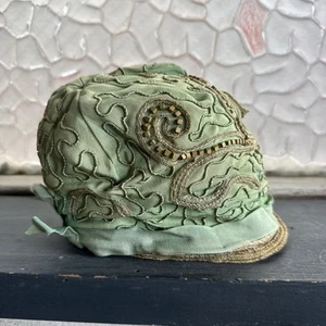 Antique 1920s Child’s Blue Embroidered Wooden Bead Headpiece Hat Cloche Vintage - Picture 1 of 16