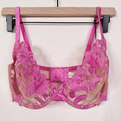 Sujetador Fleur du Mal Lily bordado 32F rosa aura malla transparente nuevo con etiquetas coqueta seda Foto 1 de 4