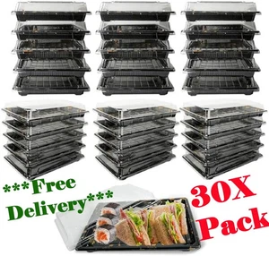 30 Pack Small Catering Plastic Trays With Clear Lids For Party Food Sushi Buffet - Picture 1 of 9