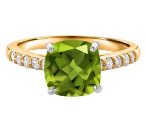925 Silver Two Tone Gold Plated Cushion Peridot and White Topaz Engagement Ring - Picture 1 of 4