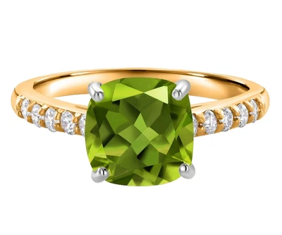 925 Silver Two Tone Gold Plated Cushion Peridot and White Topaz Engagement Ring - Image 1 of 4