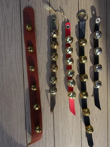 5 ASSORTED SLEIGH BELLS  LEATHER STRAP HAND MADE HANGER DOOR - Picture 1 of 5