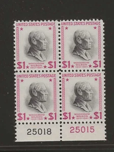 US Scott #832 mint lightly hinged, $1 Wilson, Bright Magenta, pl# block of 4 og - Picture 1 of 2