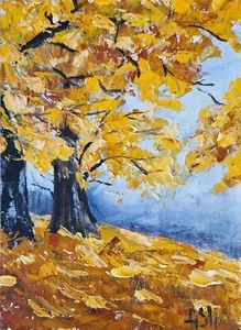 Original oil painting fall landscape yellow trees 5x7" - Picture 1 of 5