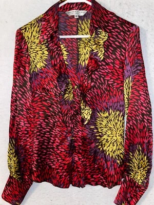 TRINA TURK BLOUSE 女式 S 码长袖丝绸荷叶边红色黄色花卉新品 — 第 1/4 张图片