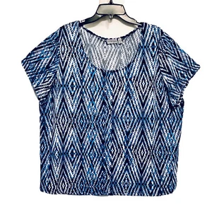Kim Rogers Woman Plus Size 3X Blue Multi Diamond Pattern Short Sleeve Boho Top - Picture 1 of 6