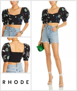 Womens Ladies Cropped Top Size UK 8 Rhode Ara Puff Sleeves Smocked Back - Picture 1 of 9