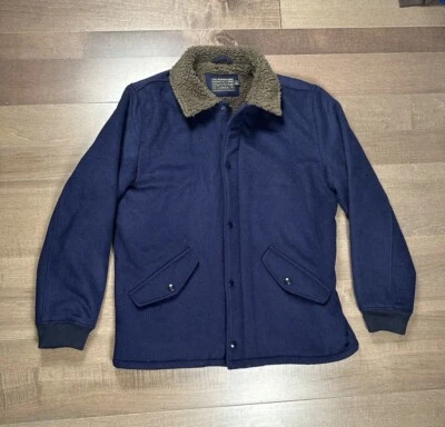 J.Crew Jacket Men's Large Sherpa Lined Varsity Wool Coat Navy Blue Primaloft - Image 1 of 4